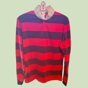 Fashion Nova Men Red Black Stripe Long Sleeve Polo Shirt XL